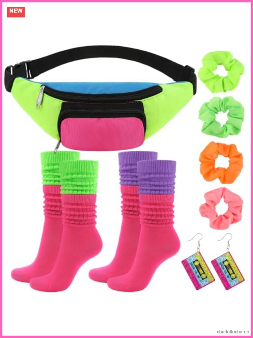 8 Piece 80s Costume Accessories Set Retro Neon Fanny Pack Socks Scrunchies